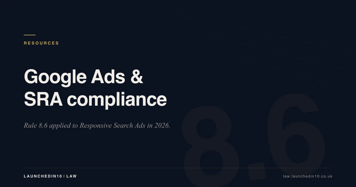 Brand hero card titled "Google Ads & SRA compliance" — LaunchedIn10 Law