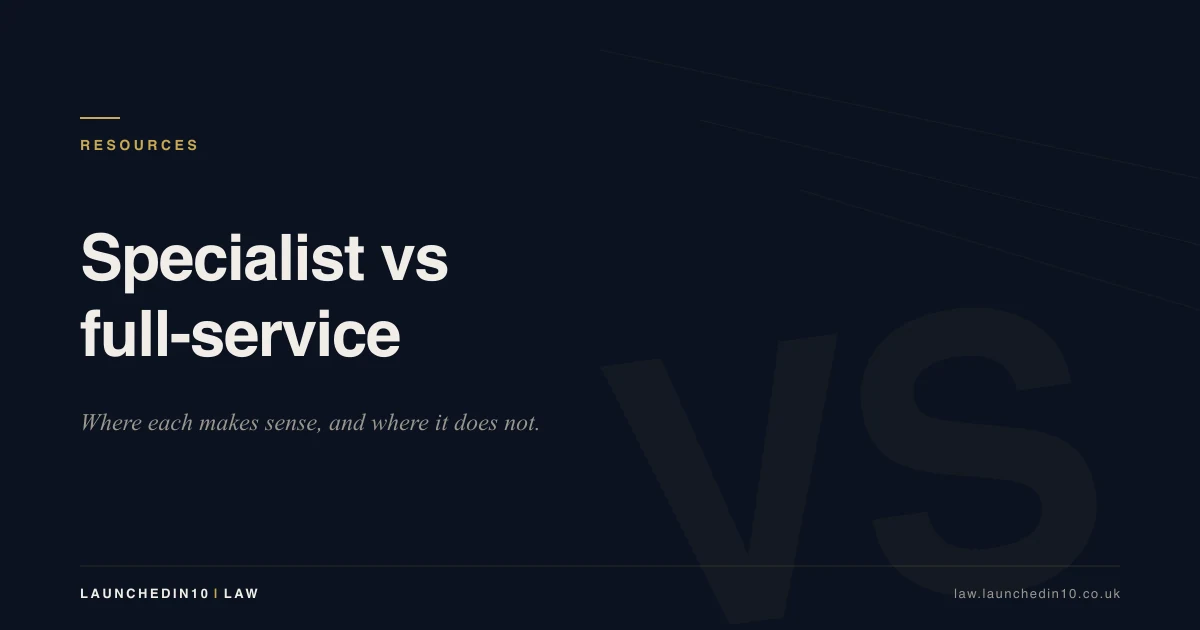 Brand hero card titled "Specialist vs full-service" — LaunchedIn10 Law